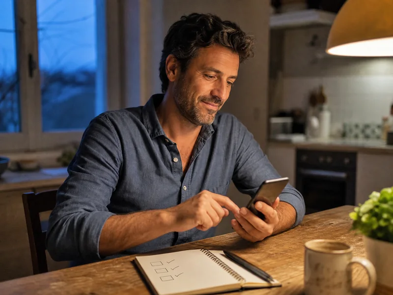 Uomo applica con calma una semplice routine quotidiana dal telefono