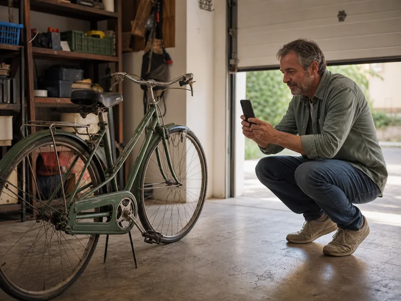Uomo fotografa una vecchia bicicletta in garage per pubblicare il primo annuncio