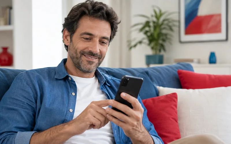 Un uomo sorridente seduto sul divano di casa usa lo smartphone con entrambe le mani
