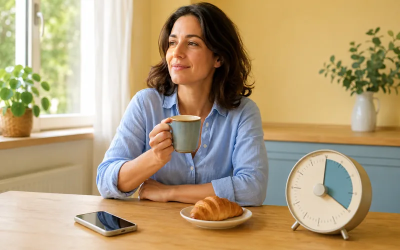 Una donna seduta al tavolo della cucina beve da una tazza, con il telefono e una sveglia accanto