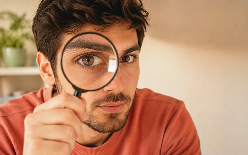 Un uomo guarda da vicino attraverso una lente d'ingrandimento che gli ingrandisce l'occhio
