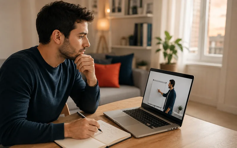 Giovane uomo valuta con attenzione una presentazione online e prende appunti