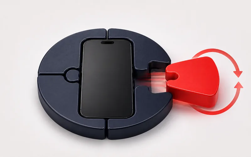 Illustrazione: l'ultimo pezzo rosso che si incastra nel meccanismo attorno a un telefono