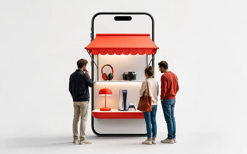 Illustrazione: un banco di mercato con tendina rossa che esce dallo schermo di un telefono, con alcune persone davanti