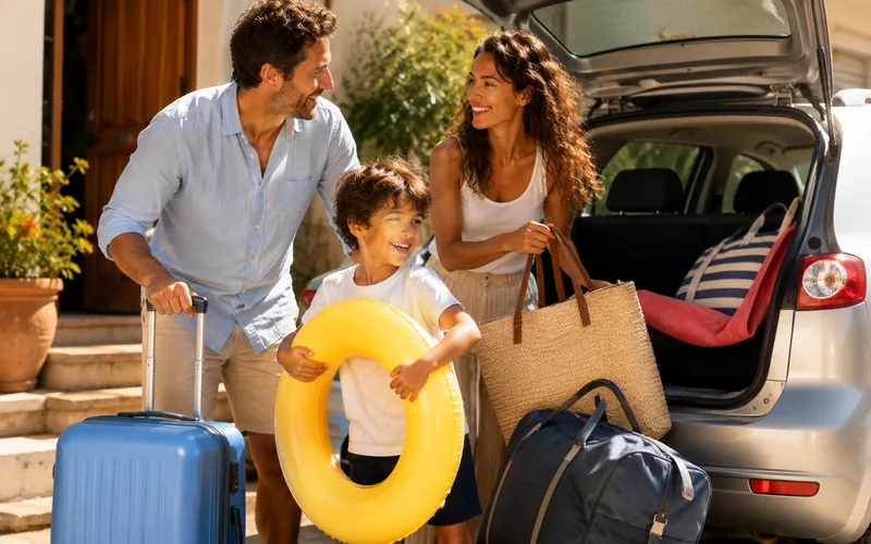 Famiglia felice prepara i bagagli per partire in vacanza